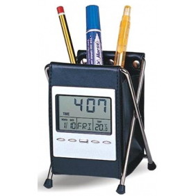 Leather pen holder with clock