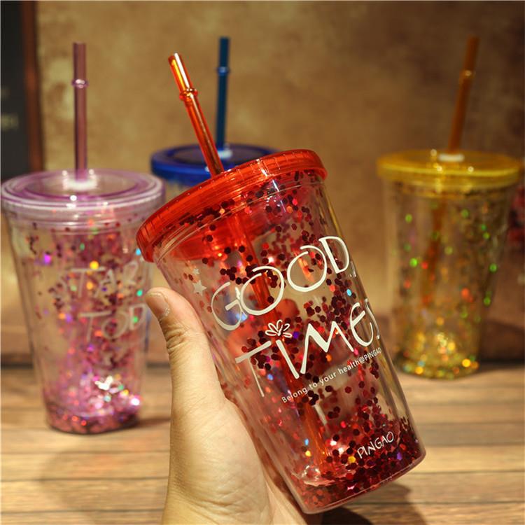 16oz Double wall insert glitter plastic tumbler cup with straw