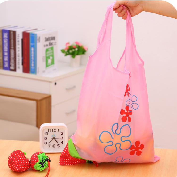 custom polyester reusable red strawberry shopping grocery foldable tote bag
