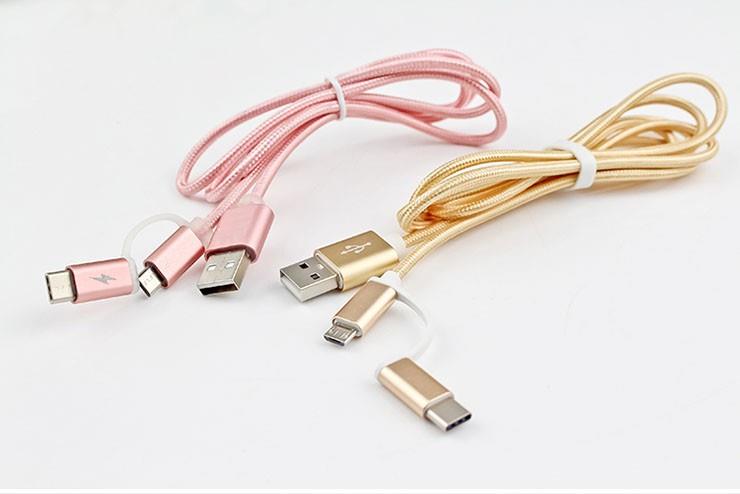 2 in 1 android and cable for iphone Colorful Nylon cable and Metal Plug Sync Data Charging Micro USB Cable