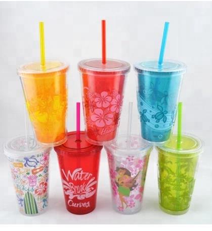 reusable PS plastic up 450ml 650ml customized color changing logo magic plastic cup with lid and straw
