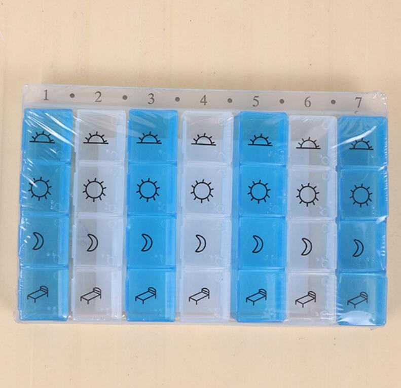 seven pieces,28 cases,single cover,one week flip,PP plastic kit.weekly pill box