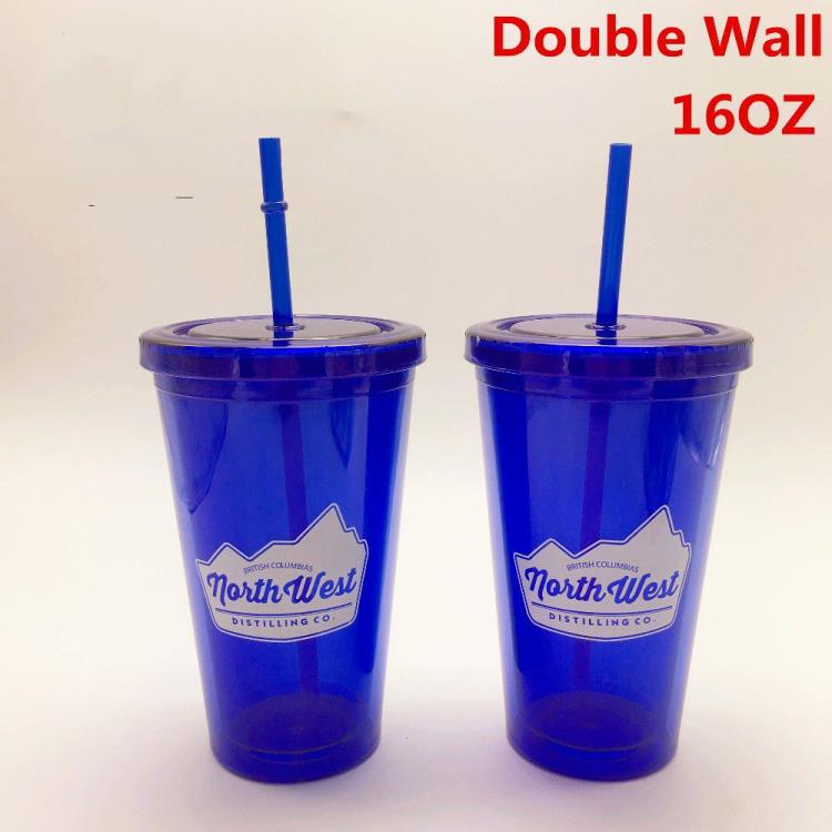 16OZ double wall plastic tumbler with straw transparent straw cup