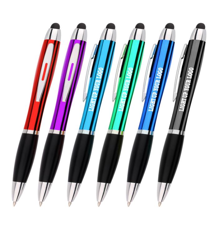 customized laser logo pen light with soft touch rubber light up your logo LED light ball pen