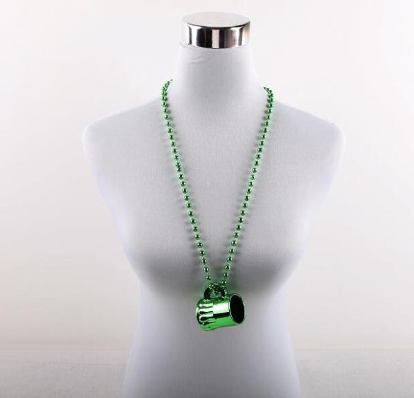 Irish Festival St Patricks Day Item Attached Shot Glass Plastic Beaded Necklace