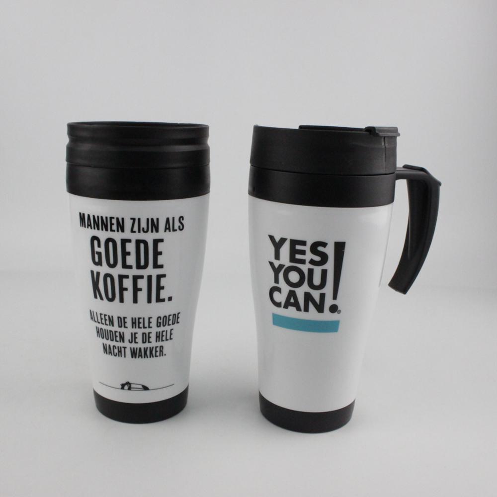 fashionable double wall plastic travel mug with handle and paper insert