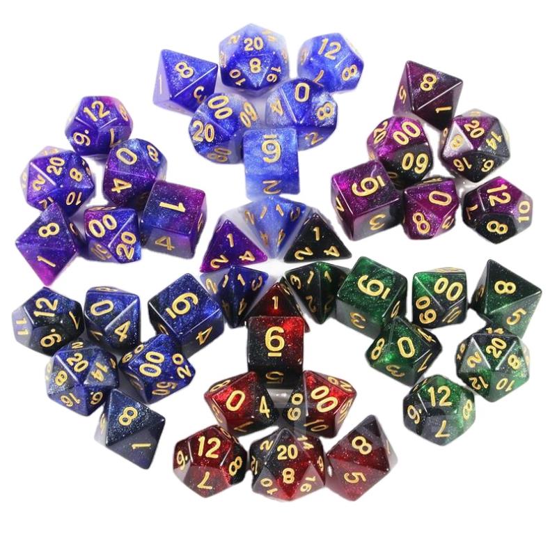 custom galaxy starry dice set with golden glitter DND polyhedral acrylic dice