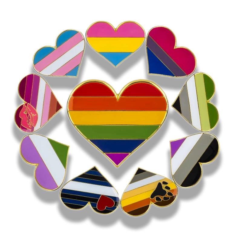 Design LGBT Rainbow Brass Enamel Heart Shaped Lapel Pin For Gay Pride Events