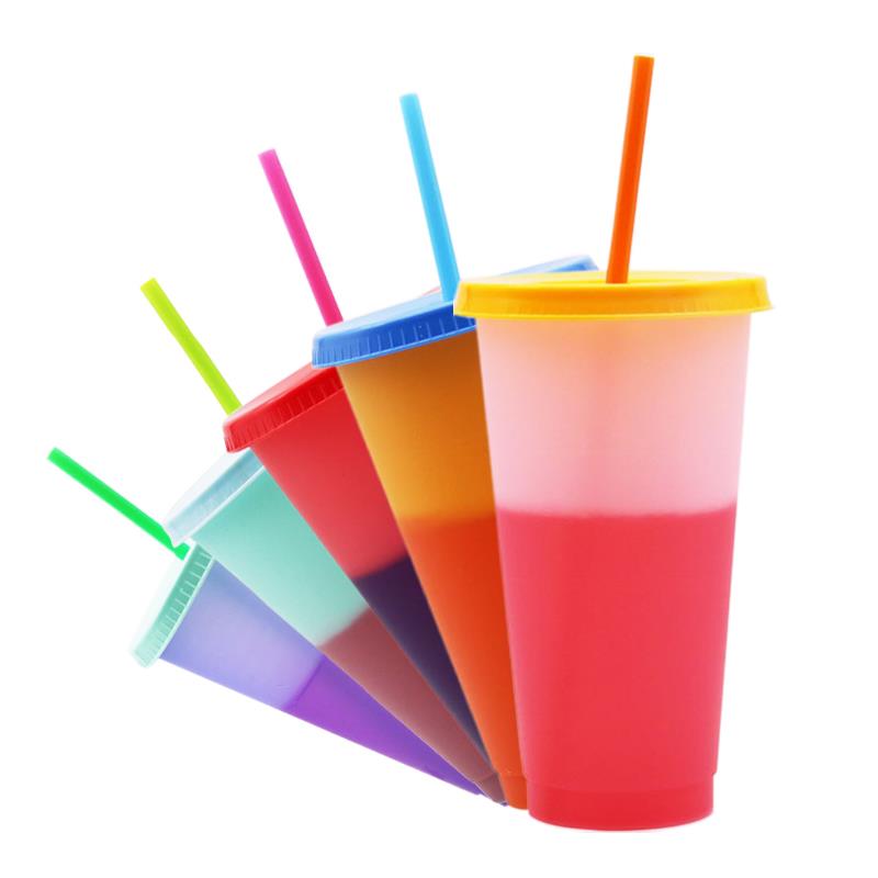 Variable Color Cup Reusable Plastic Cup With Cover and Straw 24oz PP Color Changing Stadium Cup