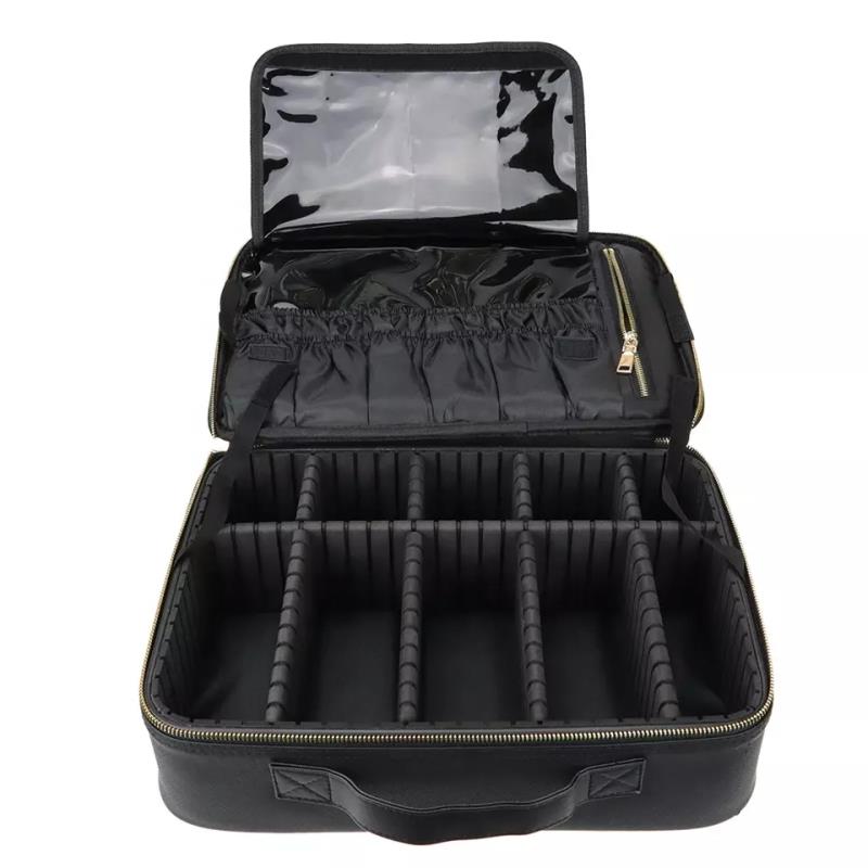 Travel Makeup Train Case PU Leather Cosmetic Organizer Case with Compartments Brush Holders Adjustable Divide