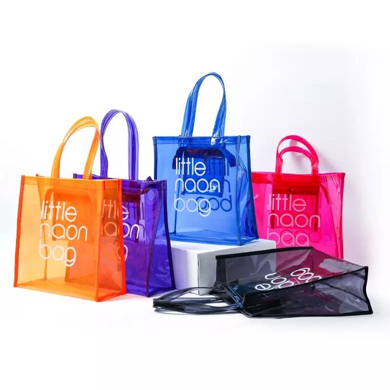 Custom Logo Clear Transparent Waterproof PVC Tote Bag Shopping bag with Zipper and Pocket