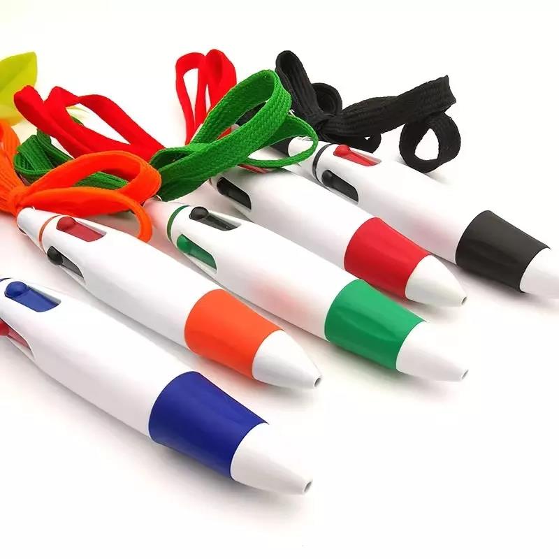 Promotional Customized Logo 4 Color Refill Ink Plastic Ballpoint Pen with Lanyard Neck Strap