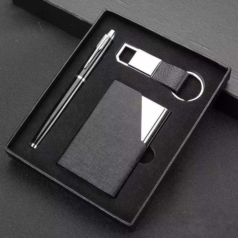 PU leather stainless steel business credit card holder keychain pen business gift set for men