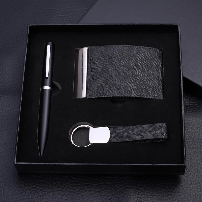 Gift For Men Genuine Leather Business Card Holder Signature Pen Key Chain Gift Set Business Gift Set