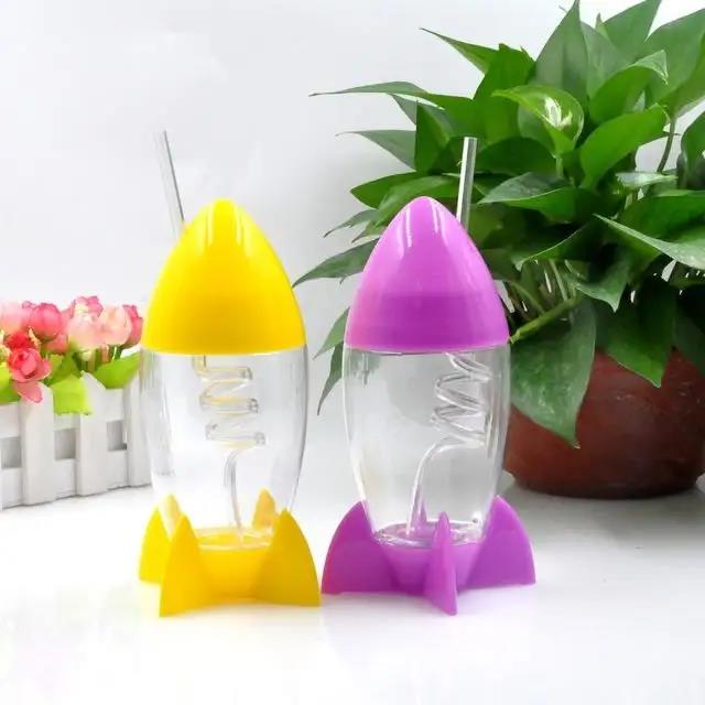 Promotion Plastic Mugs kids drinking mini cute rocket shape cup with straw