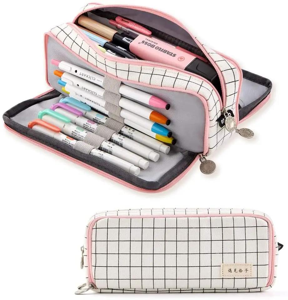 Custom Large Pencil Case Big Capacity 3 Compartments Canvas Pencil Pouch for Teen Boys Girls School Students