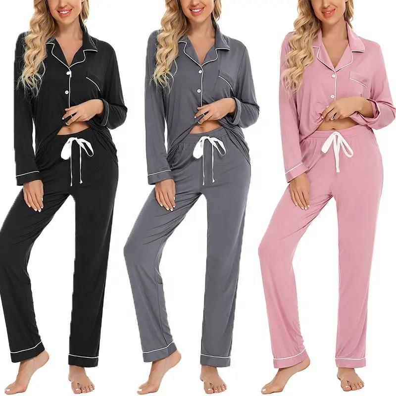 OEM High Quality Women Soft Notch Collar Long Sleeve Custom Bamboo Viscose Pajamas Set