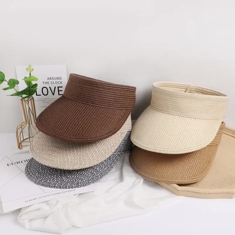 Top open foldable bulk sun paper straw women beach summer hats visor