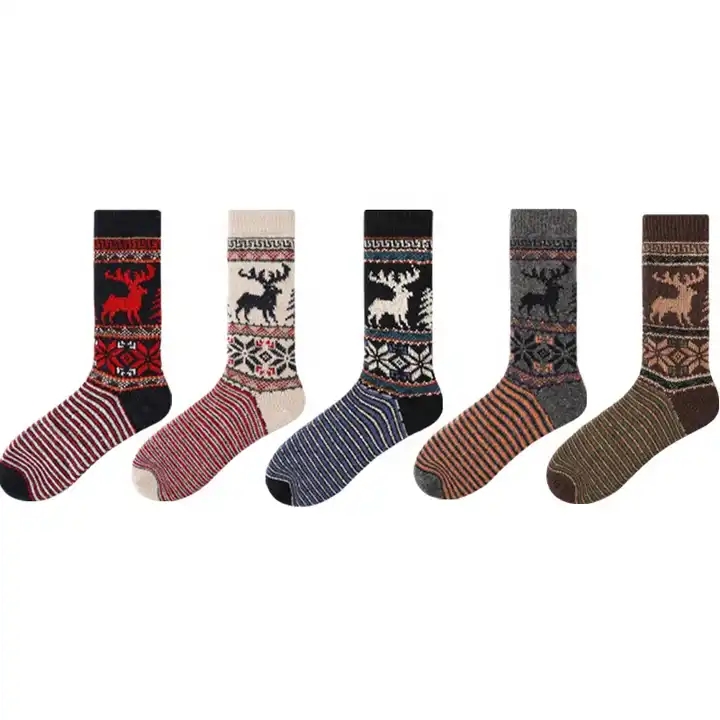 5 Pack Christmas Style Deer Pattern Vintage Jacquard Winter Warm Thick Knit Wool Women Socks